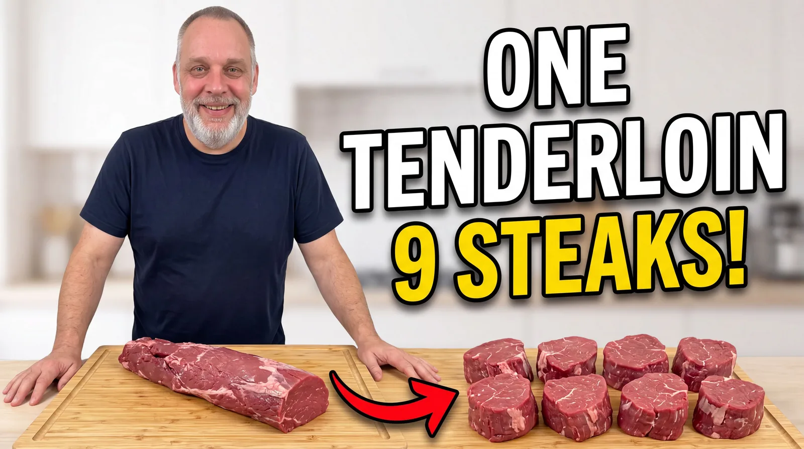 Mike standing behind a cutting board with a whole beef tenderloin and nine trimmed tenderloin steaks at De Klomp Homestead