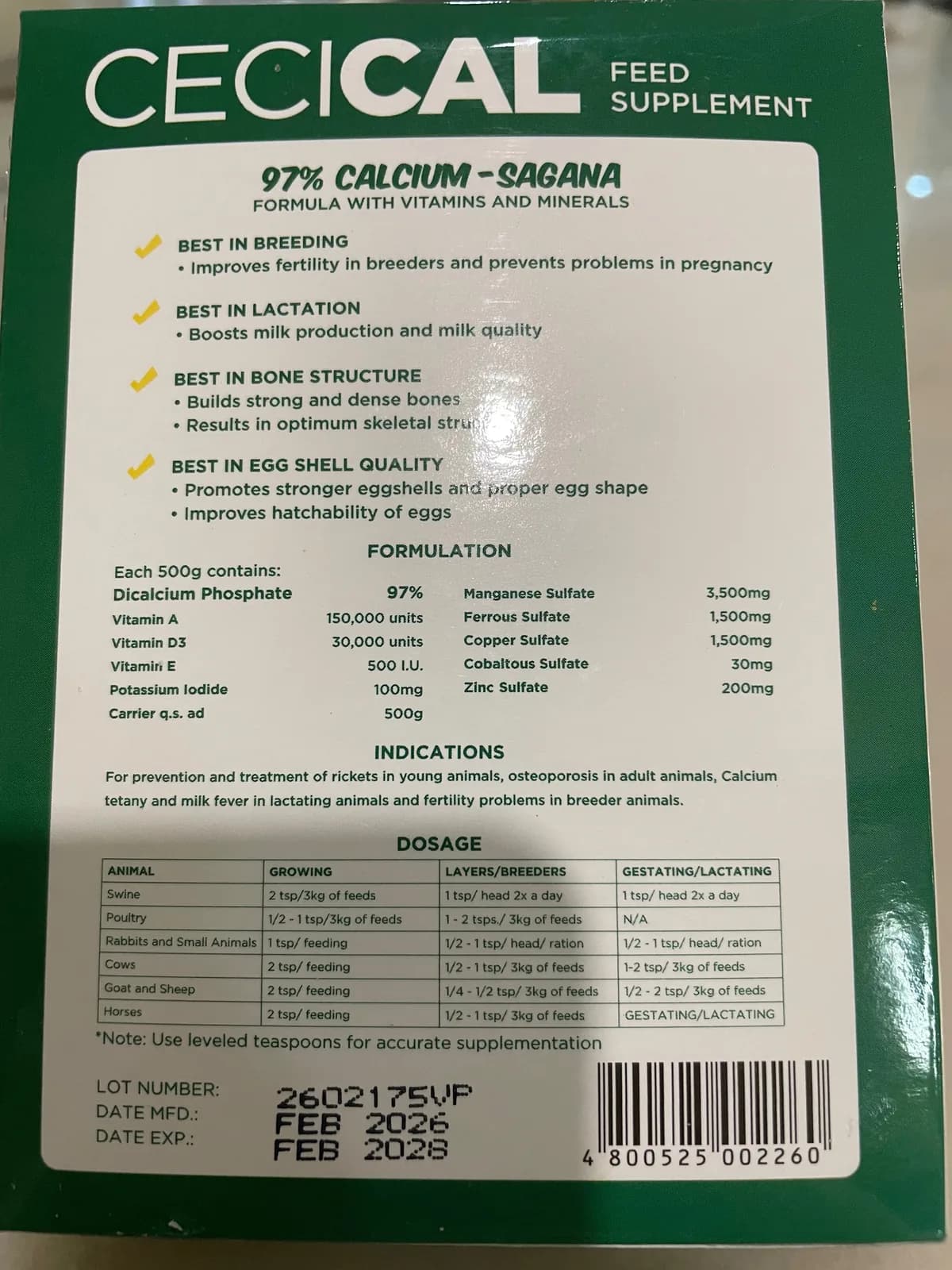 Bag of CeciCal calcium, vitamin and mineral supplement for goats at De Klomp Homestead